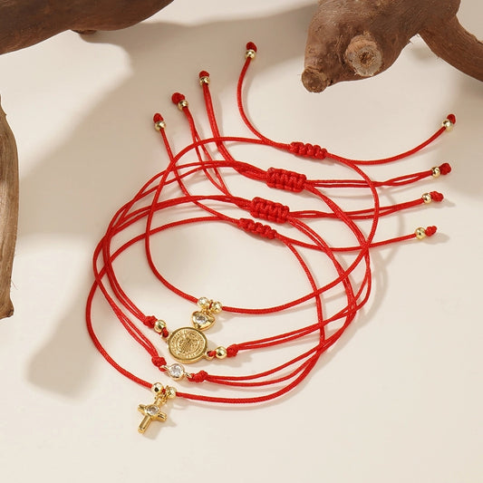 Bohemian Cross Round Heart Shape Zircon Wax line Copper  String Bracelets