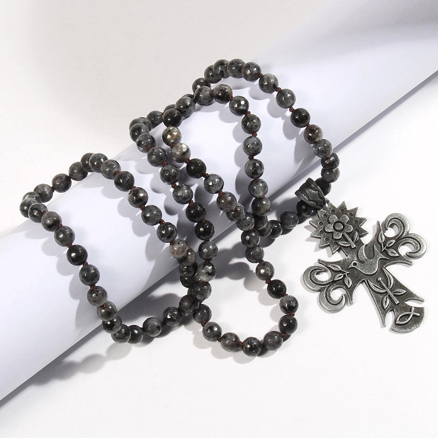 Retro Ethnic Style Geometric Cross Semi-precious stone Alloy Beaded Chain Pendant Necklace Long Necklace In Bulk Natural stone necklace