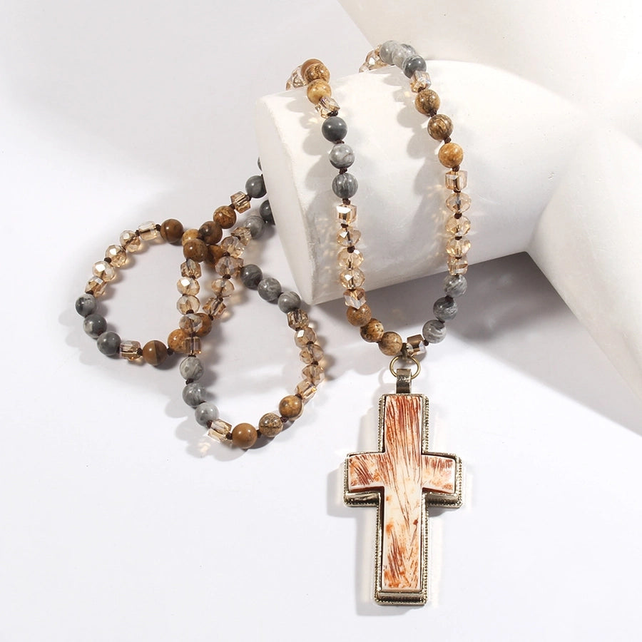 Retro Geometric Cross Semi-precious stone Alloy Resin Beaded Chain Pendant Necklace Long Necklace In Bulk Natural stone necklace