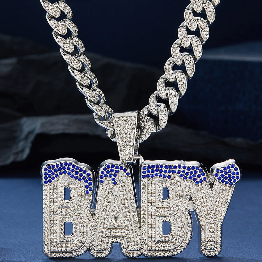 Cross-Border Hot Selling Men's Street Colorful Crystals English Letter Baby Pendant Rapper Hip Hop Cool Cuban Link Chain