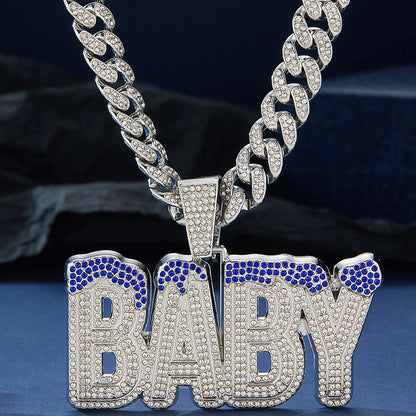 Cross-Border Hot Selling Men's Street Colorful Crystals English Letter Baby Pendant Rapper Hip Hop Cool Cuban Link Chain