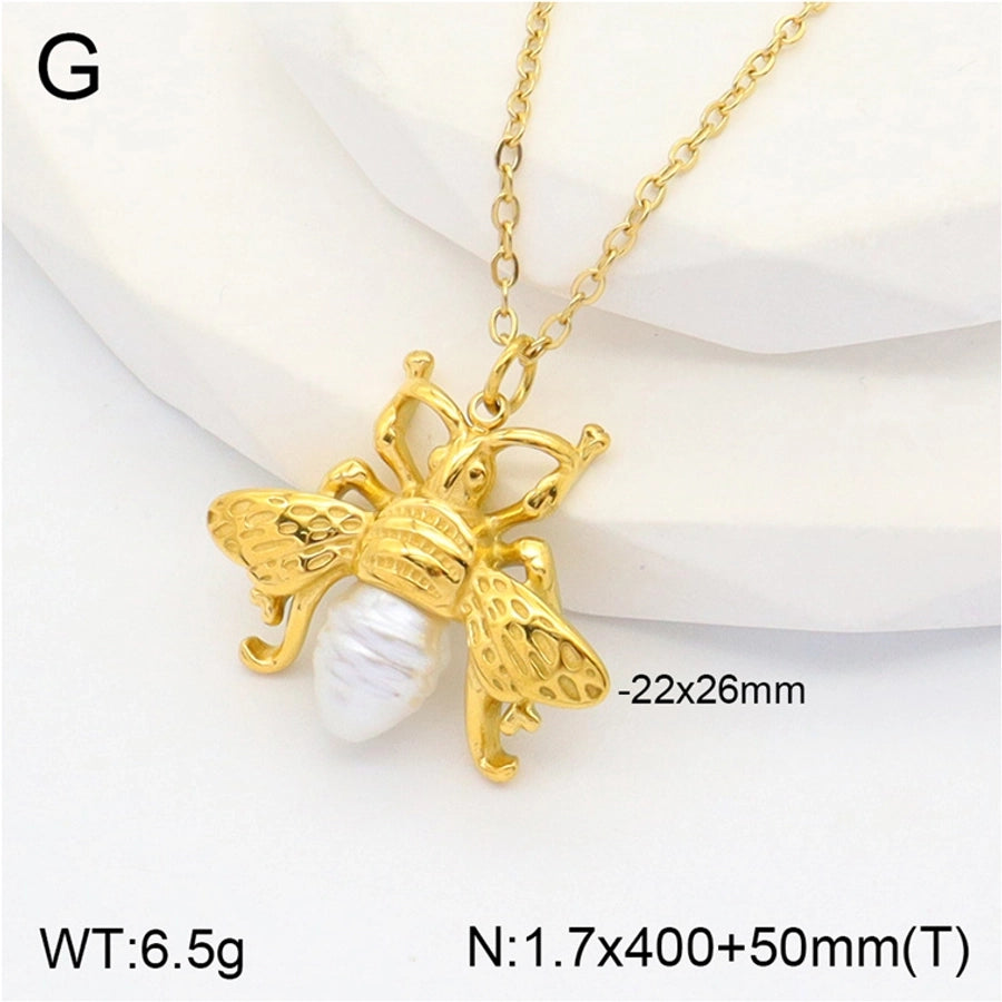 Jewelry Casual Elegant Cute letter Bee Butterfly 304 Stainless Steel Artificial Pearls Rhinestones 18K Gold Plated Inlay Pendant Necklace