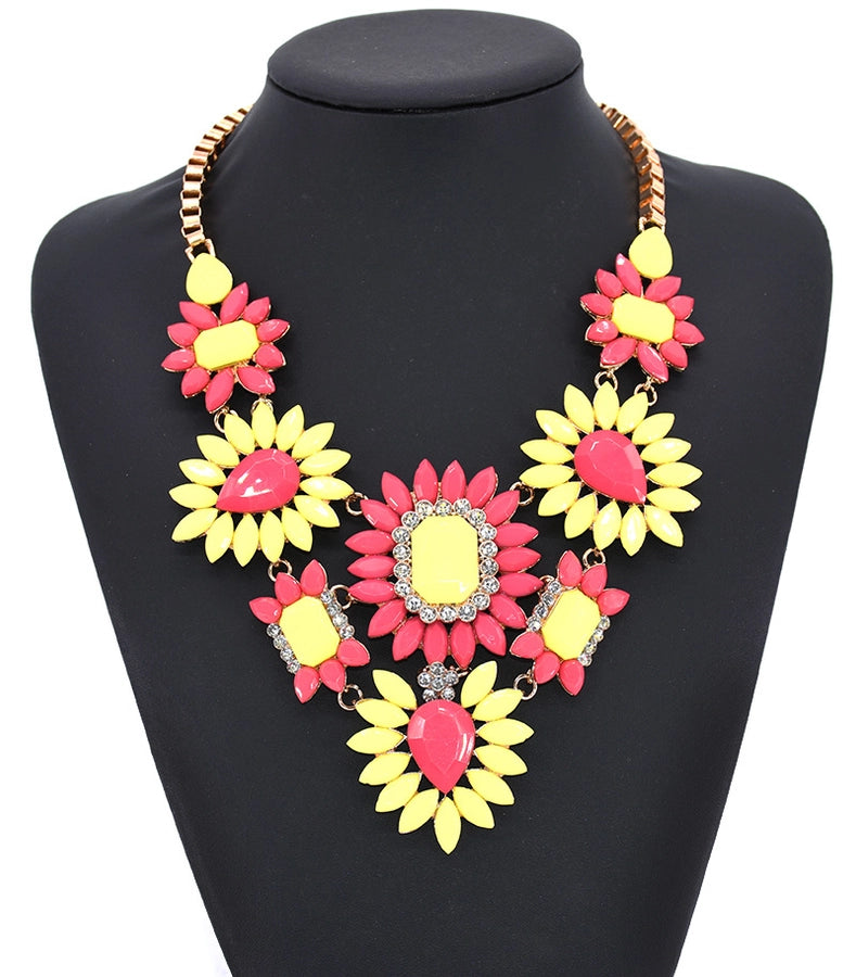 exaggerated shiny flower alloy plating inlay artificial crystal gem rhinestones women's long necklace necklace