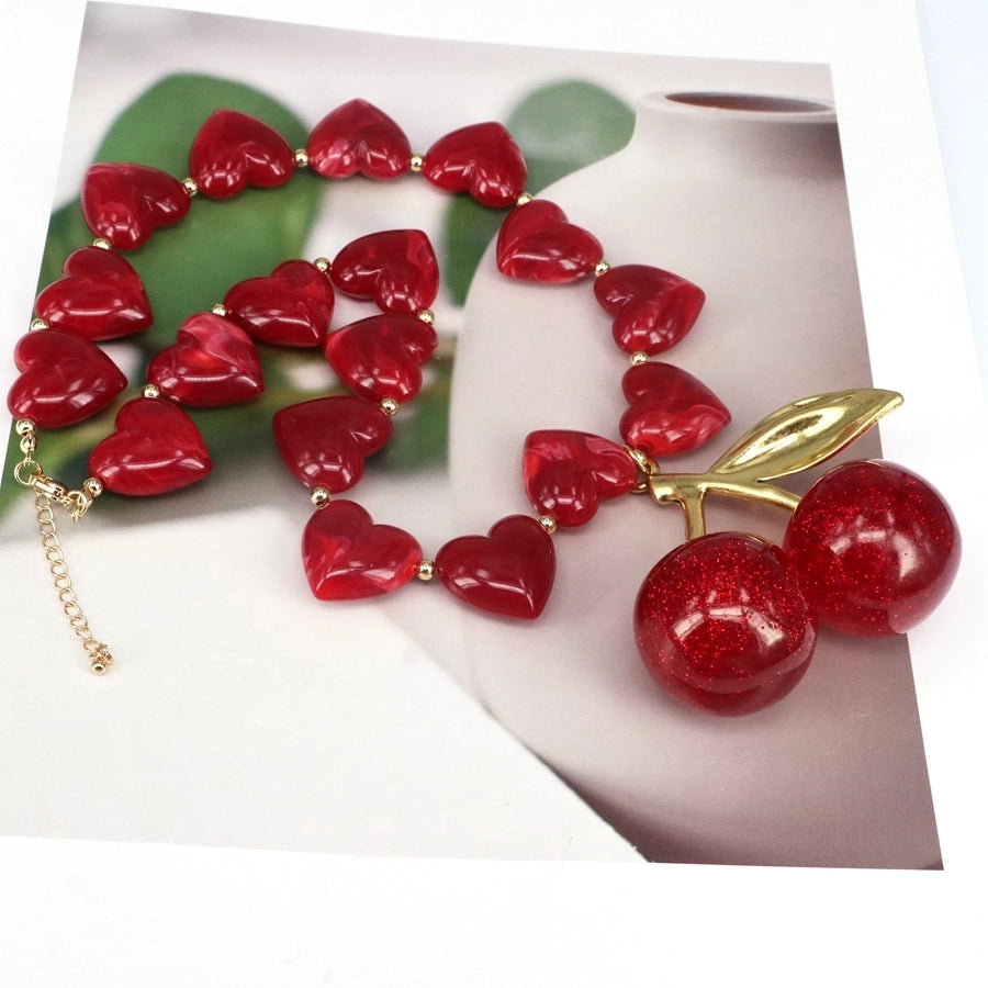 Jewelry Elegant Cherry Heart Shape Resin Copper 18K Gold 18K Gold Plated Plating Pendant Necklace