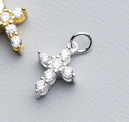 S925 Silver Plated Inlaid Zircon Fresh Cross Pendant Handmade DIY Ornament Accessories  Q0159