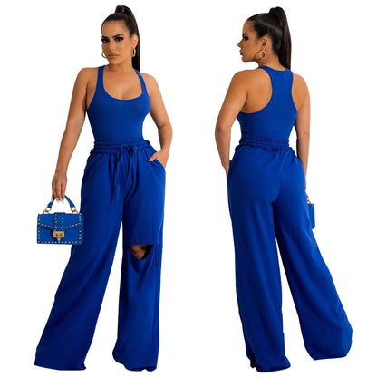 women's streetwear solid color spandex polyester twilled satin patchwork ripped pants sets