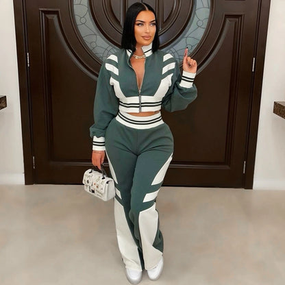 Daily Women's Streetwear Color Block Spandex Polyester Twilled Satin Pants Sets Pants Sets