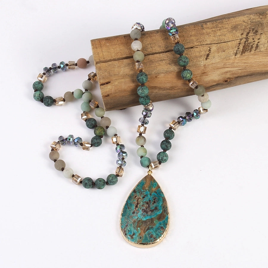 Retro Water Droplets Semi-precious stone natural stone Glass Beaded Chain Pendant Necklace In Bulk Natural stone necklace