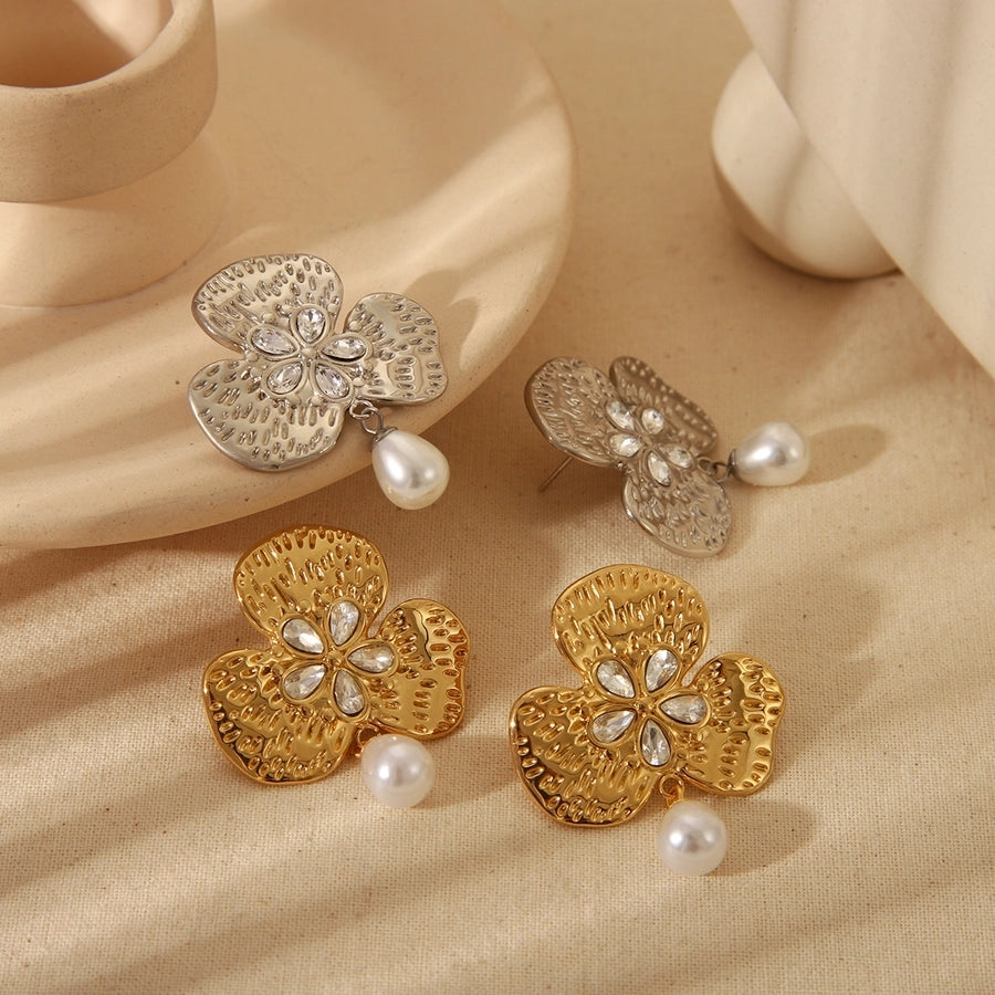 1 Pair Vintage Style Flower Plating Inlay 304 Stainless Steel Imitation Pearl Zircon 18K Gold Plated Ear Studs
