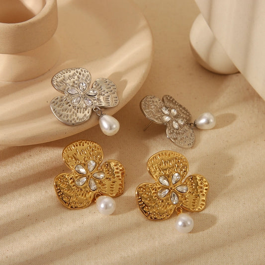 1 Pair Vintage Style Flower Plating Inlay 304 Stainless Steel Imitation Pearl Zircon 18K Gold Plated Ear Studs