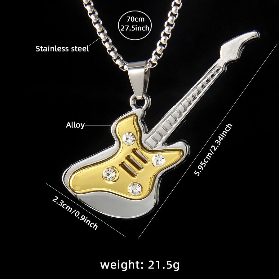 Rock Guitar 201 Stainless Steel Alloy Inlay Rhinestones Unisex Pendant Necklace