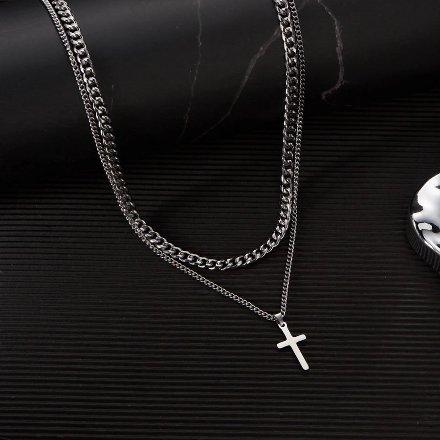Hip-Hop Cross 201 Stainless Steel Men's Double Layer Necklaces