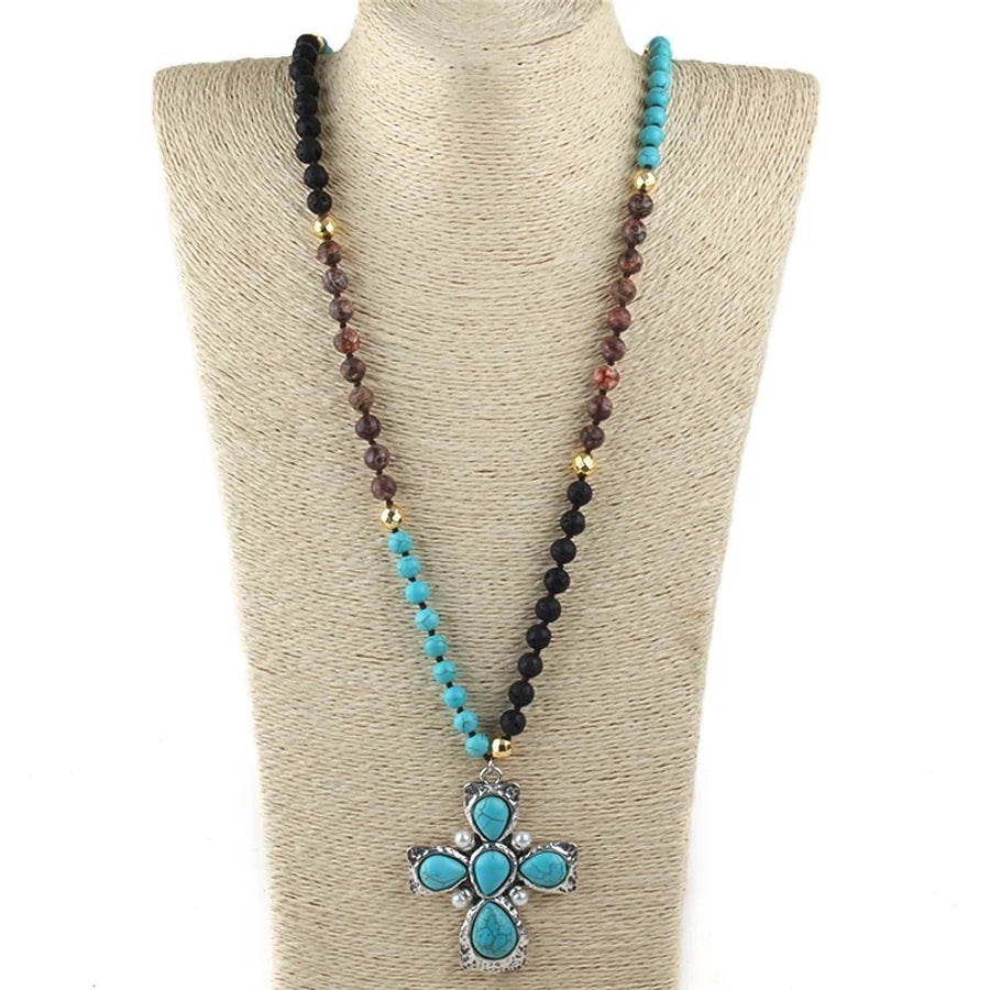 Retro Bohemian Cross natural stone Beaded Chain Pendant Necklace In Bulk Natural stone necklace
