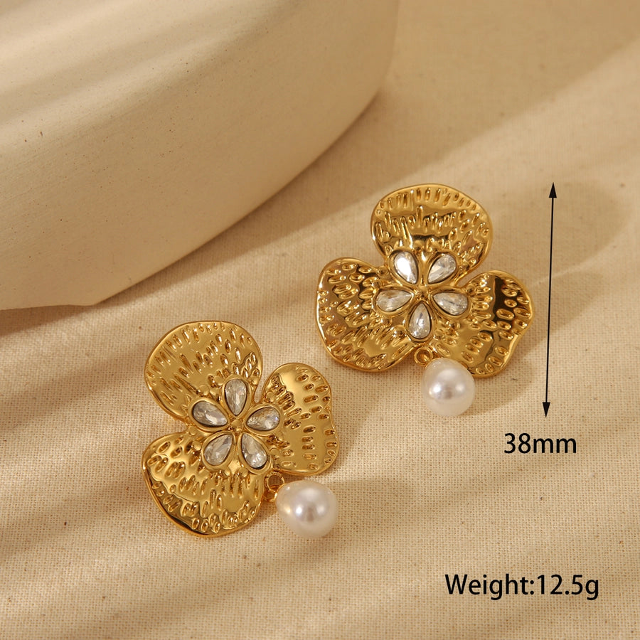 1 Pair Vintage Style Flower Plating Inlay 304 Stainless Steel Imitation Pearl Zircon 18K Gold Plated Ear Studs