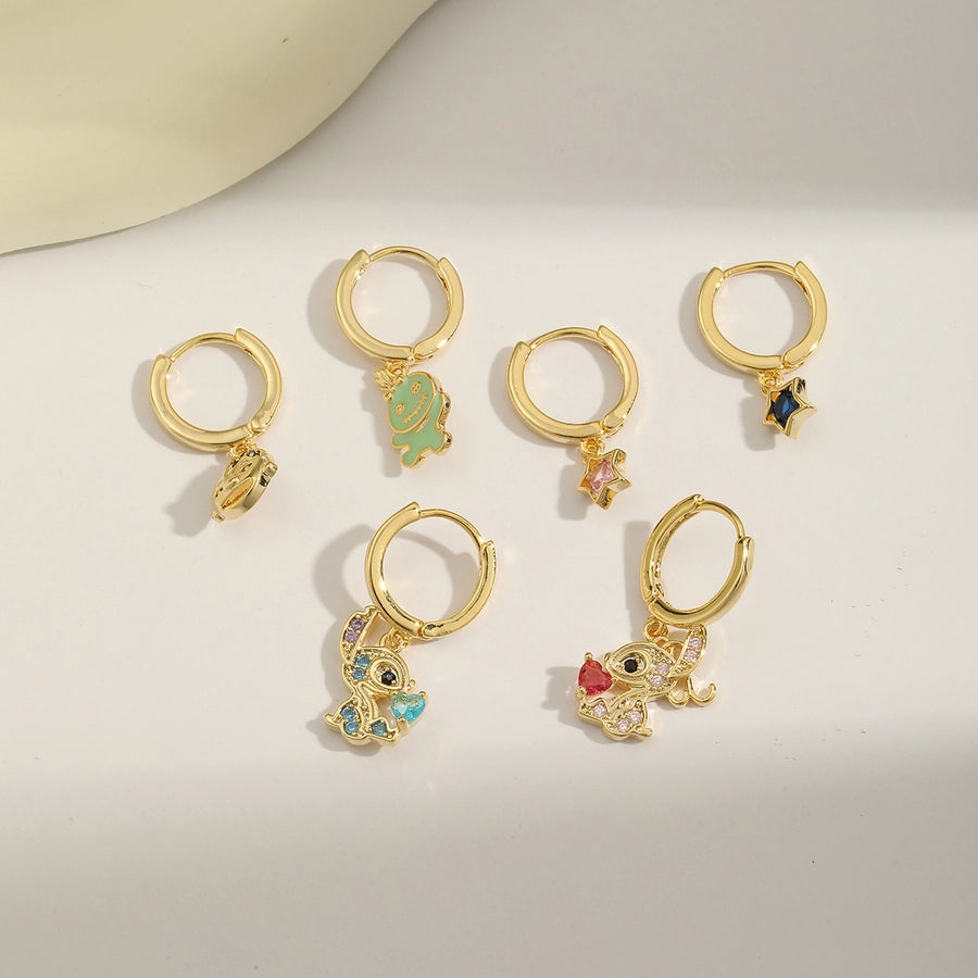 1 Set Sweet Geometric Enamel Inlay Copper Zircon 14K Gold Plated Earrings