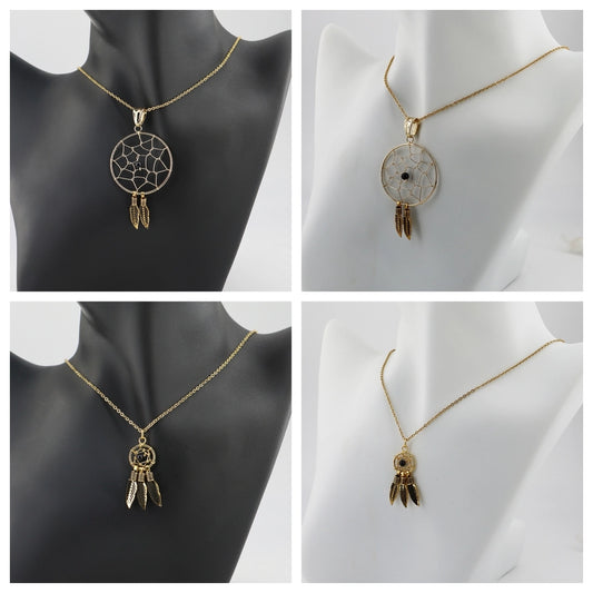 Jewelry Casual Vintage Style Leaf Dreamcatcher Feather 304 Stainless Steel Gold Plated Handmade Pendant Necklace