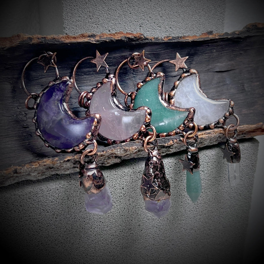 1 Piece 35*91mm Crystal Green aventurine Natural Stone Crystal Star Moon Pendant Jewelry Accessories