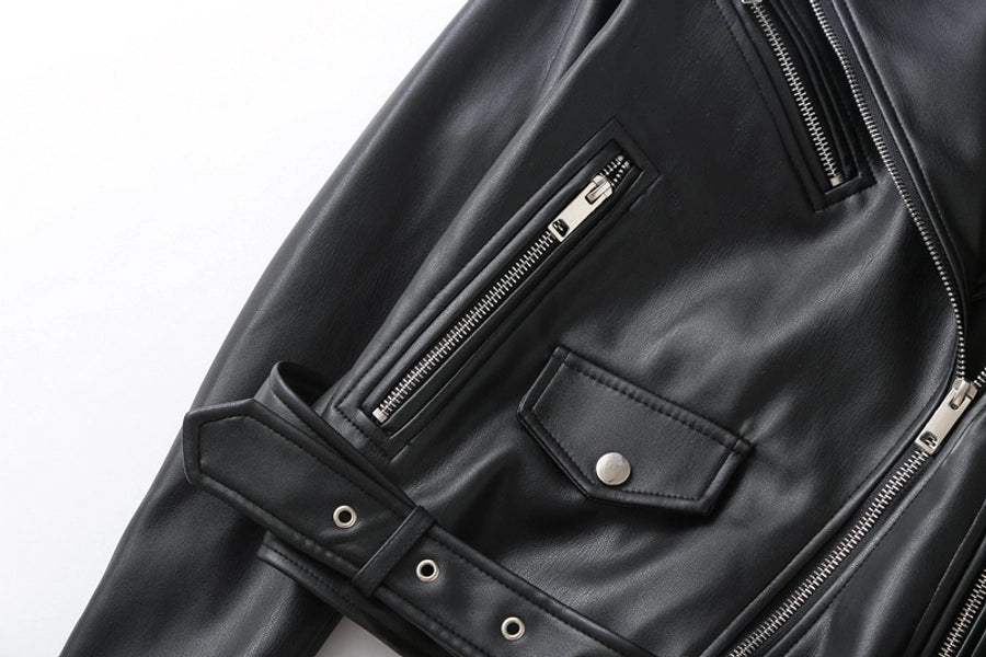 Women's Preppy Style Solid Color Zipper Leather Jacket Casual Jacket