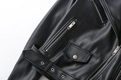Women's Preppy Style Solid Color Zipper Leather Jacket Casual Jacket