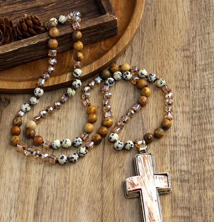 Retro Geometric Cross Semi-precious stone Alloy Resin Beaded Chain Pendant Necklace Long Necklace In Bulk Natural stone necklace