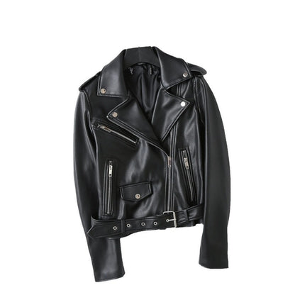 Women's Preppy Style Solid Color Zipper Leather Jacket Casual Jacket