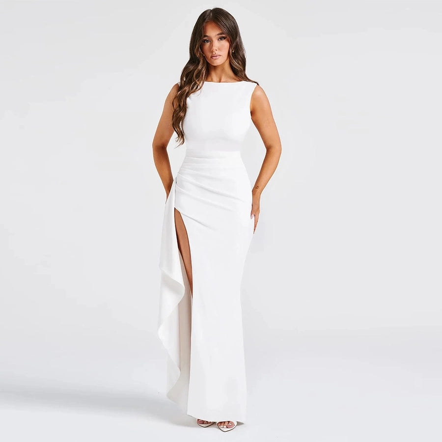 Women's Slit Dress Elegant Sexy Round Neck Backless Sleeveless Solid Color Maxi Long Dress Holiday Cocktail Party