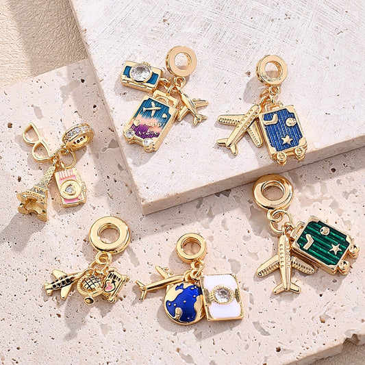 1 Piece 27mm 30mm 32mm Hole 4~4.9mm Copper Zircon 18K Gold Plated Eiffel Tower Camera Airplane Beads Jewelry Accessories