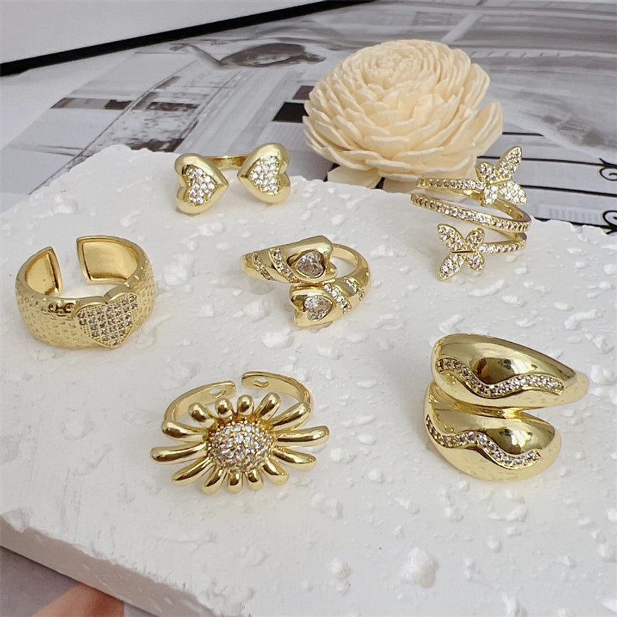 Copper 18K Gold Plated Heart Shape Butterfly Zircon Open Rings