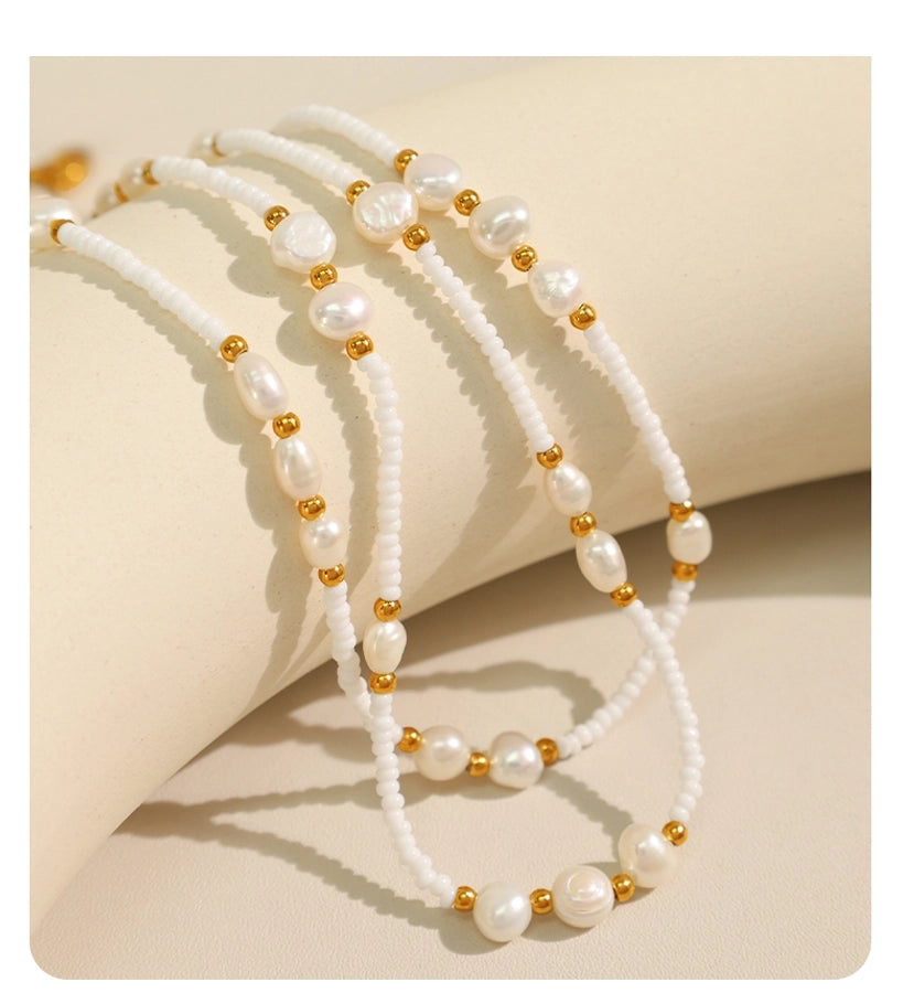 Jewelry Vintage Style Luxurious French Style Round Titanium Steel Freshwater Pearl Glass Stone 18K Gold Plated Beaded Polishing Plating Necklace