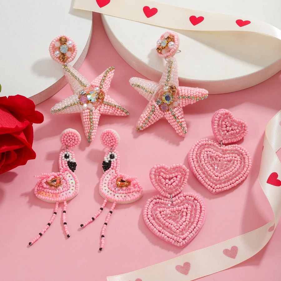 1 Pair Sweet Flamingo Heart Shape Cloth Earrings