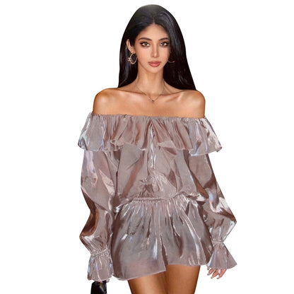 Women's Lotus Leaf Skirt Streetwear Boat Neck Long Sleeve Solid Color Above Knee Daily