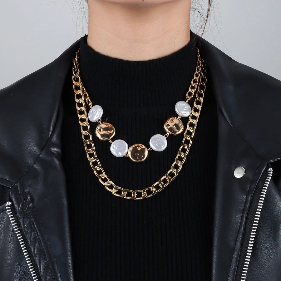Retro Punk Geometric Alloy Beaded Chain Layered Necklaces