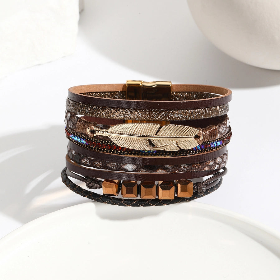 Simple Style Feather Pu Leather Woven Chain Wrap Bracelets