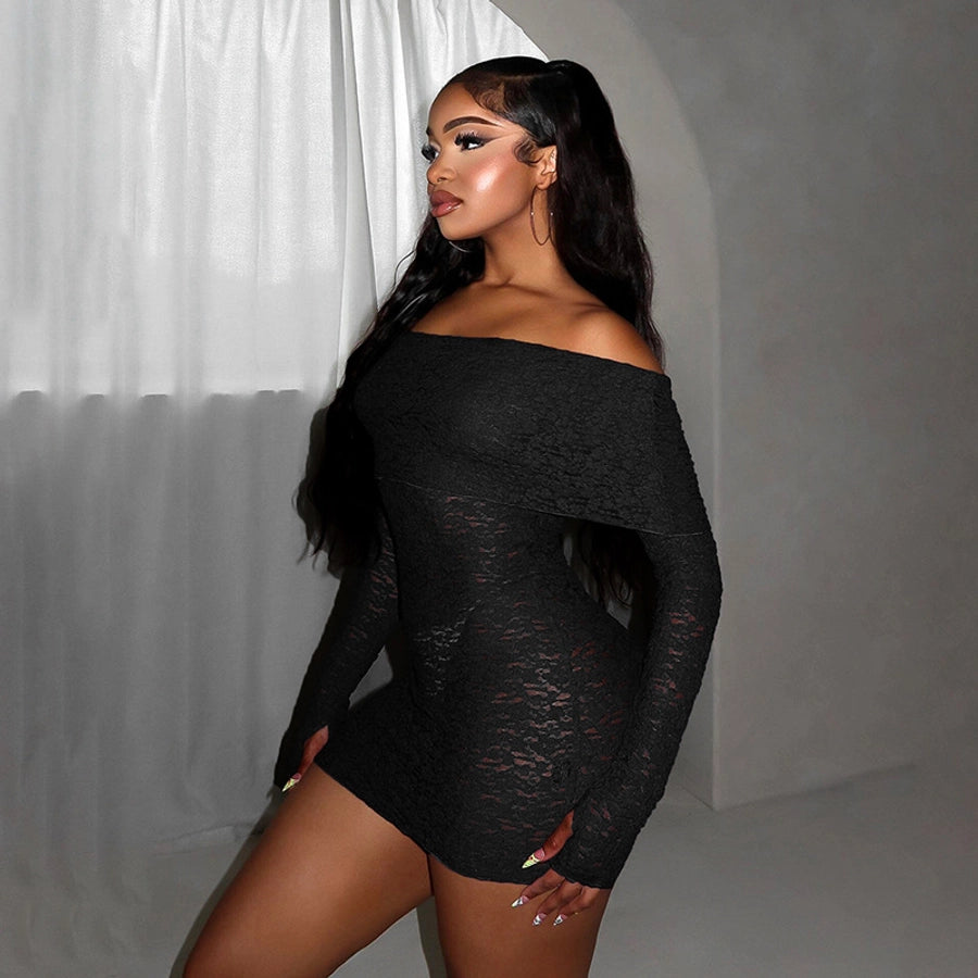 Women's Hip skirt Sexy Boat Neck Long Sleeve Solid Color Above Knee Masquerade