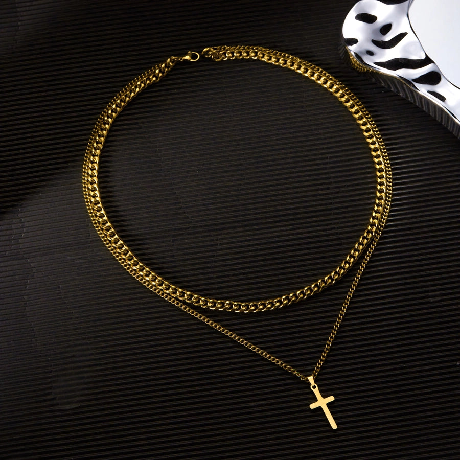 Hip-Hop Cross 201 Stainless Steel Men's Double Layer Necklaces