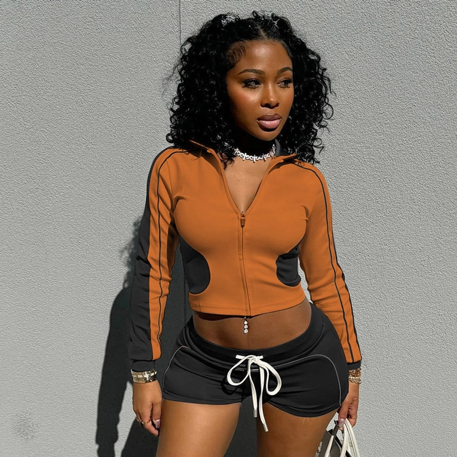 Daily Women's Streetwear Contrast Collar Spandex Polyester Twilled Satin Shorts Sets Shorts Sets