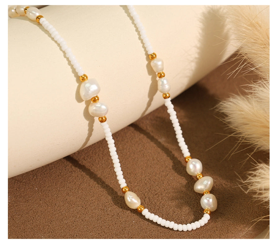 Jewelry Vintage Style Luxurious French Style Round Titanium Steel Freshwater Pearl Glass Stone 18K Gold Plated Beaded Polishing Plating Necklace