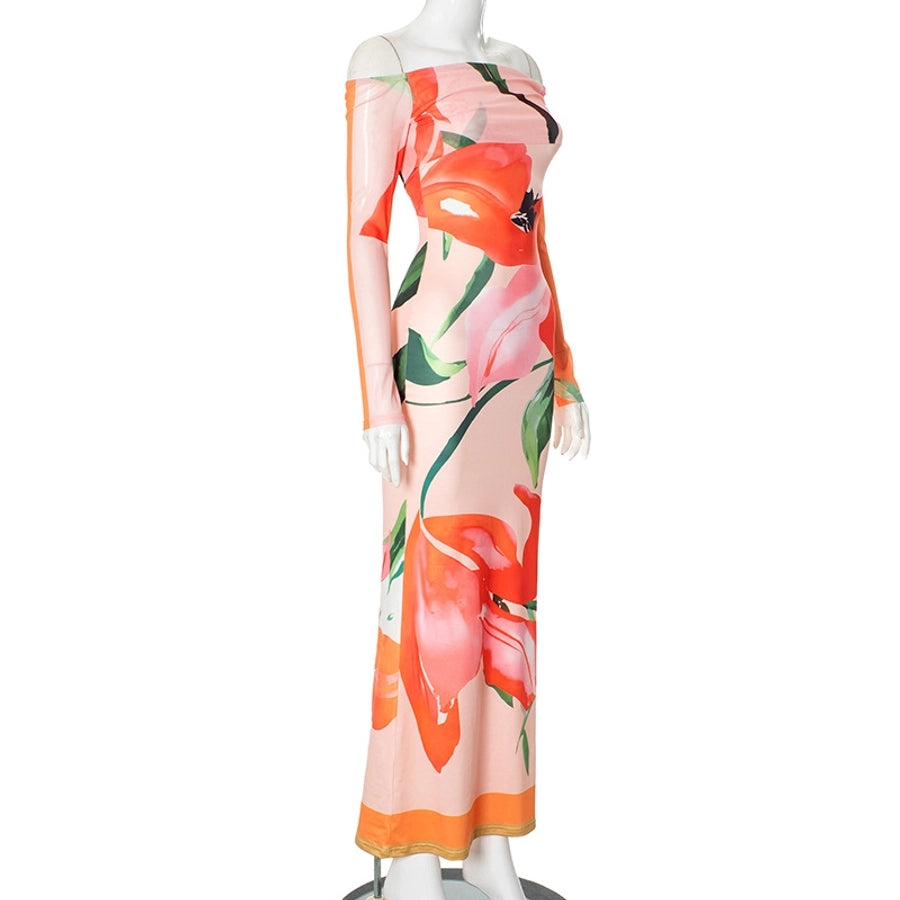 Women's Sheath Dress Streetwear Strapless Contrast Binding Long Sleeve Flower Maxi Long Dress Holiday