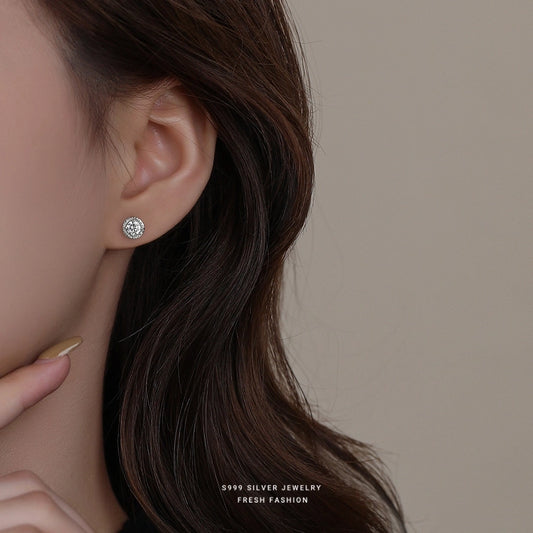 1 Pair S999 Silver Zircon 925 Sterling Silver Earrings Geometric Ear Studs