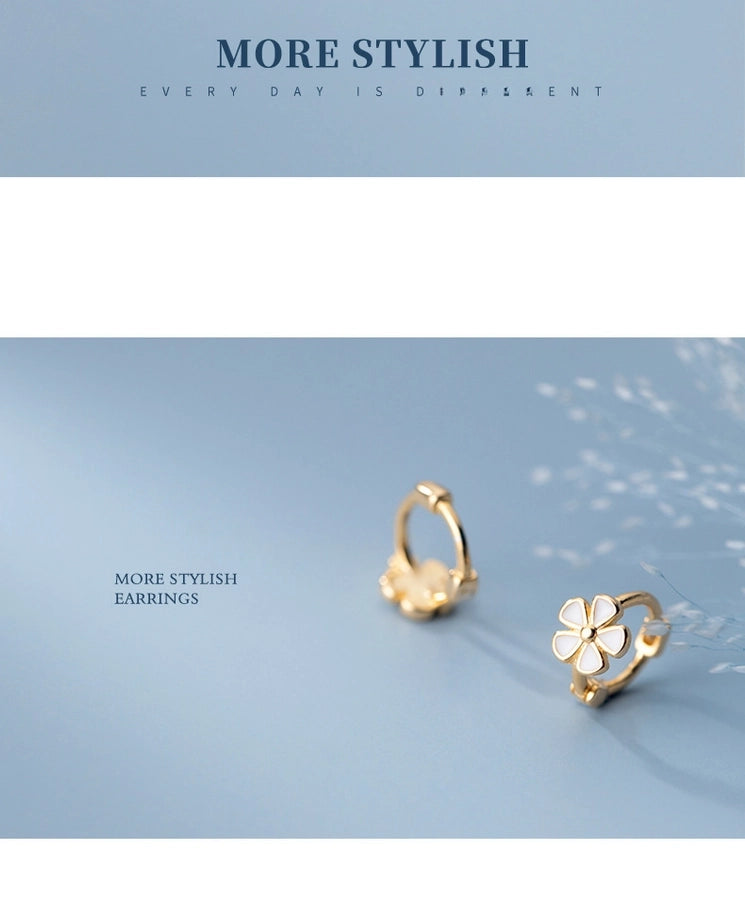 Drop Glue white flower ear buckle women's ear ring s925 sterling silver pin earrings temperament  ear jewelry High sense niche