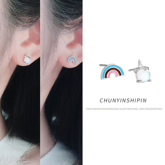 s925 Sterling Silver Rainbow  Moonstone stud earrings elegant niche cute jewelry small asymmetric earrings for women