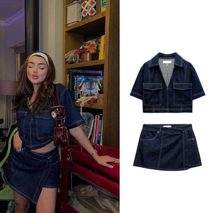 Daily Women's Simple Style Classic Style Solid Color Denim Pocket Skirt Sets Skirt Sets