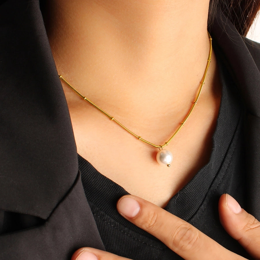 Jewelry IG Style Simple Style Round 304 Stainless Steel Pearl 18K Gold Plated Plating Inlay Pendant Necklace