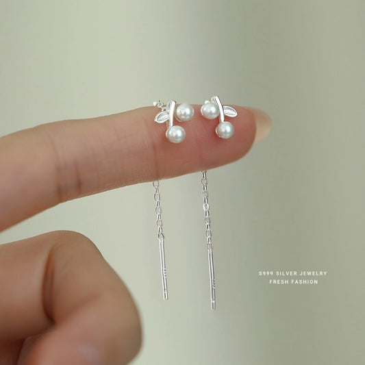 1 Pair S999 Silver 925 Sterling Silver Earrings Cherry Ear line