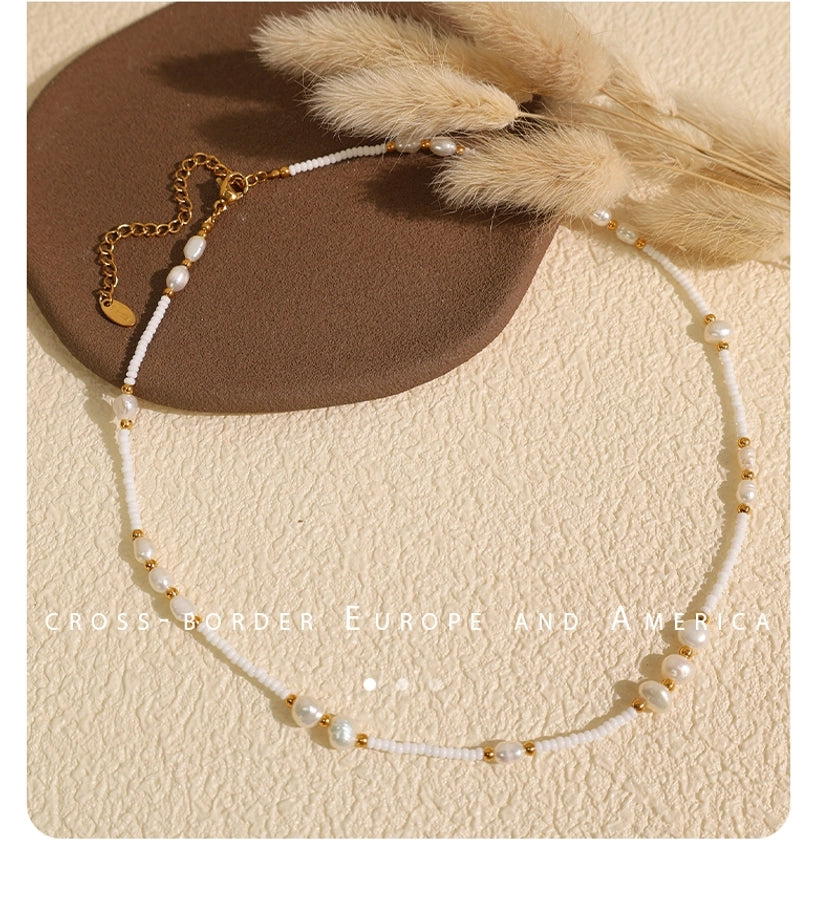 Jewelry Vintage Style Luxurious French Style Round Titanium Steel Freshwater Pearl Glass Stone 18K Gold Plated Beaded Polishing Plating Necklace