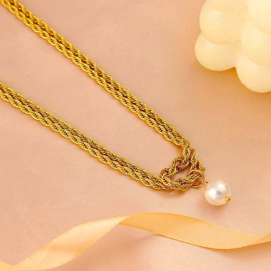 Jewelry Elegant Simple Style Twist 304 Stainless Steel Pearl 18K Gold Plated Plating Inlay Double Layer Necklaces