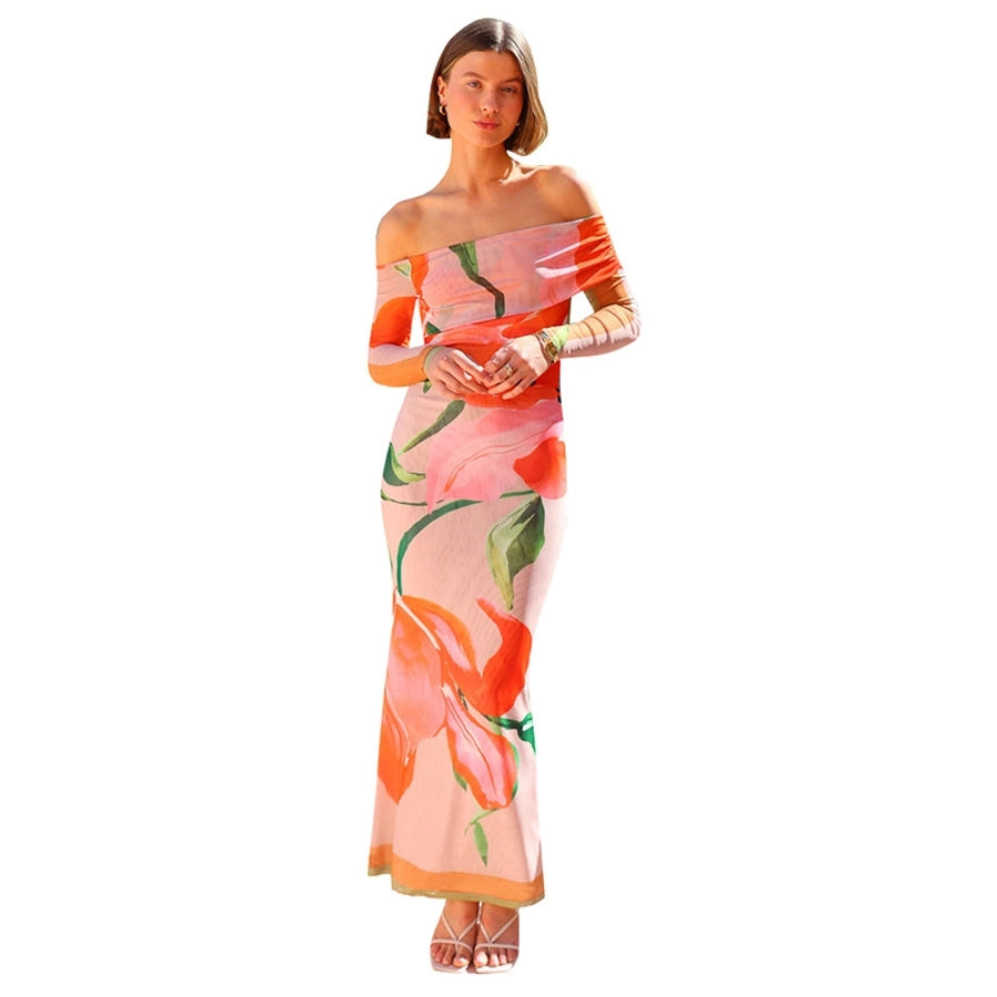 Women's Sheath Dress Streetwear Strapless Contrast Binding Long Sleeve Flower Maxi Long Dress Holiday