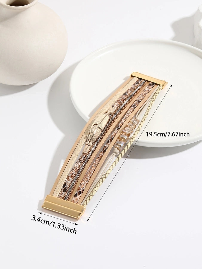 Simple Style Feather Pu Leather Woven Chain Wrap Bracelets