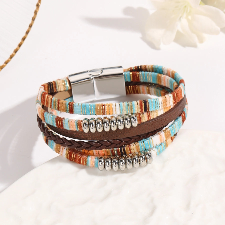 Ethnic Style Bohemian Tropical Colorful Rainbow Pu Leather Alloy Woven Chain Wrap Bracelets
