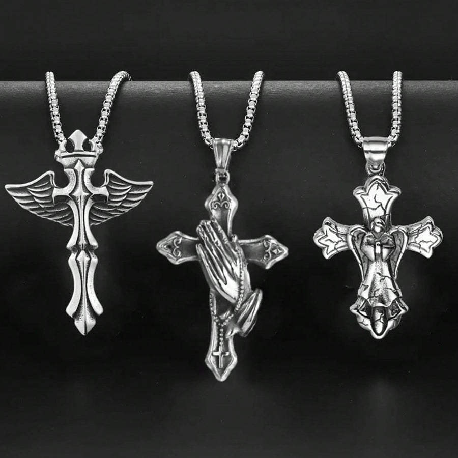 3PCs Men's Stainless Steel Necklace Suit Cross Pendant Necklace Suit Men's Gift Daily Wild Jewelry Suit